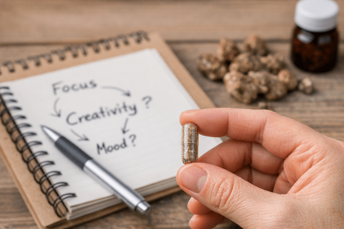 Microdosing capsule met gemalen truffels naast notitieboek met focus, creativiteit en stemming
