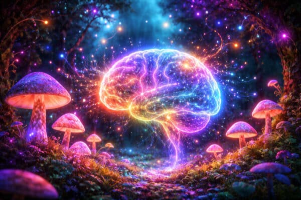 Psychedelisch gloeiend brein in kleurrijk bos met bioluminescente paddenstoelen dat veranderde visuele waarneming onder psilocybine uitbeeldt